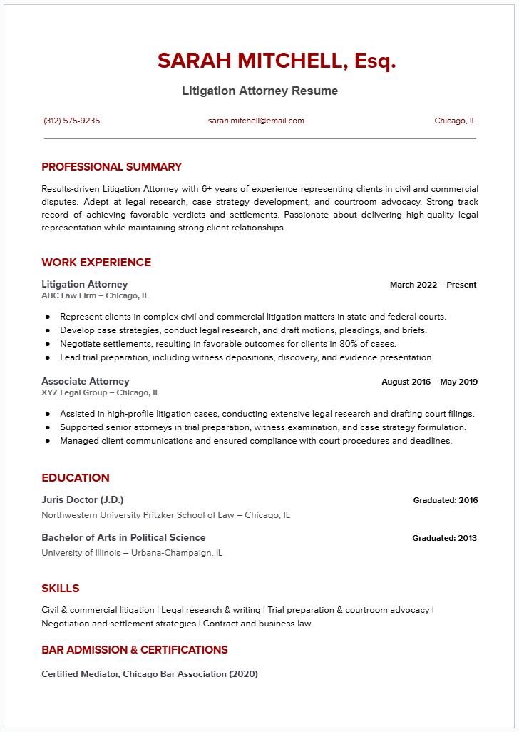 Litigation attorney resume template