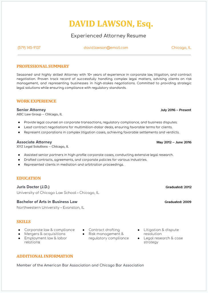 Experienced attorney resume template