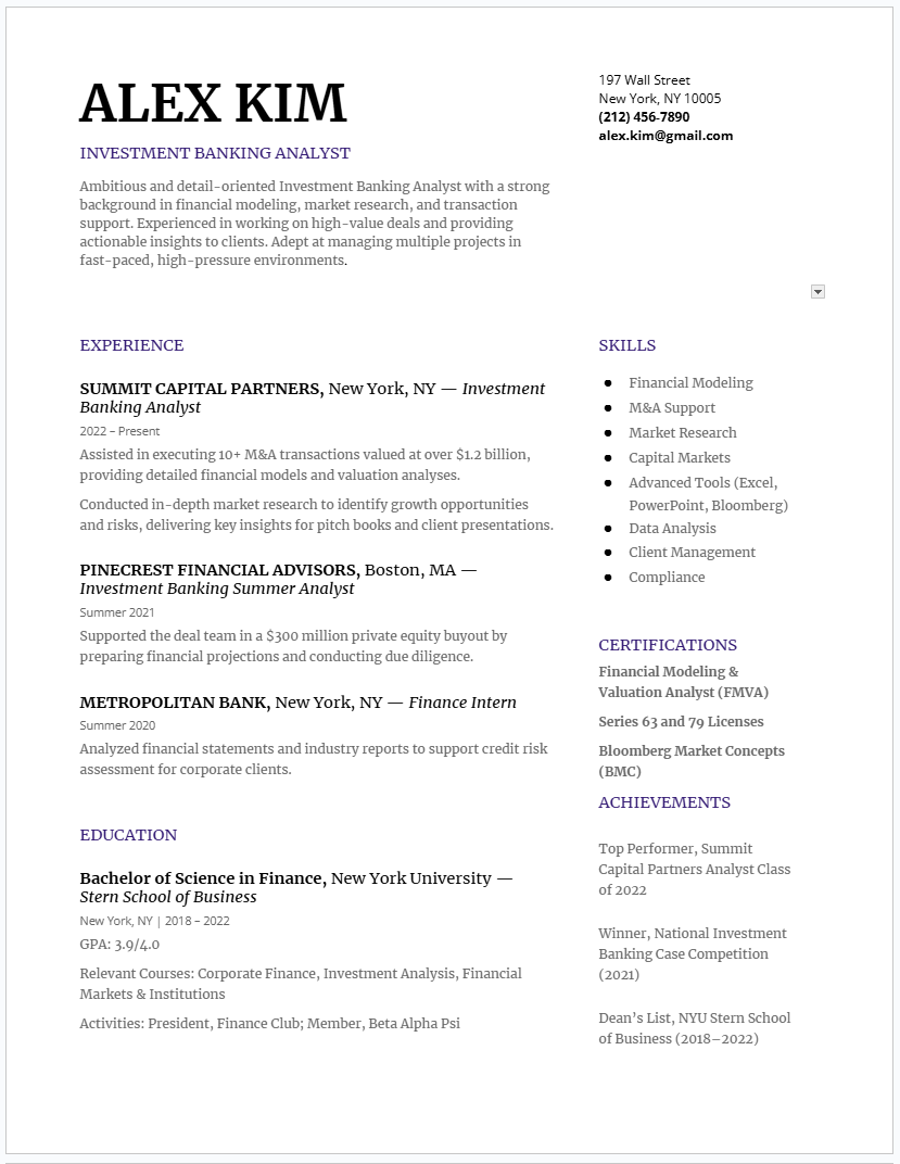 Investment banking resume template