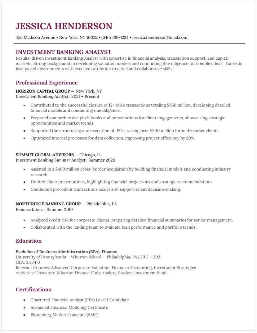 Investment banking resume template