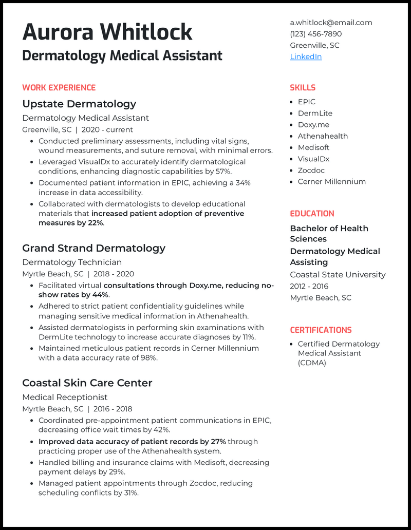 Dermatology medical assistant resume example