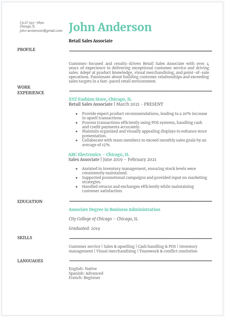 Retail sales associate resume template