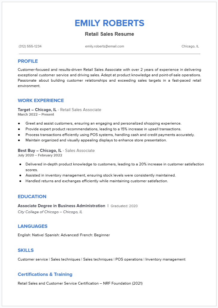 Retail manager resume template