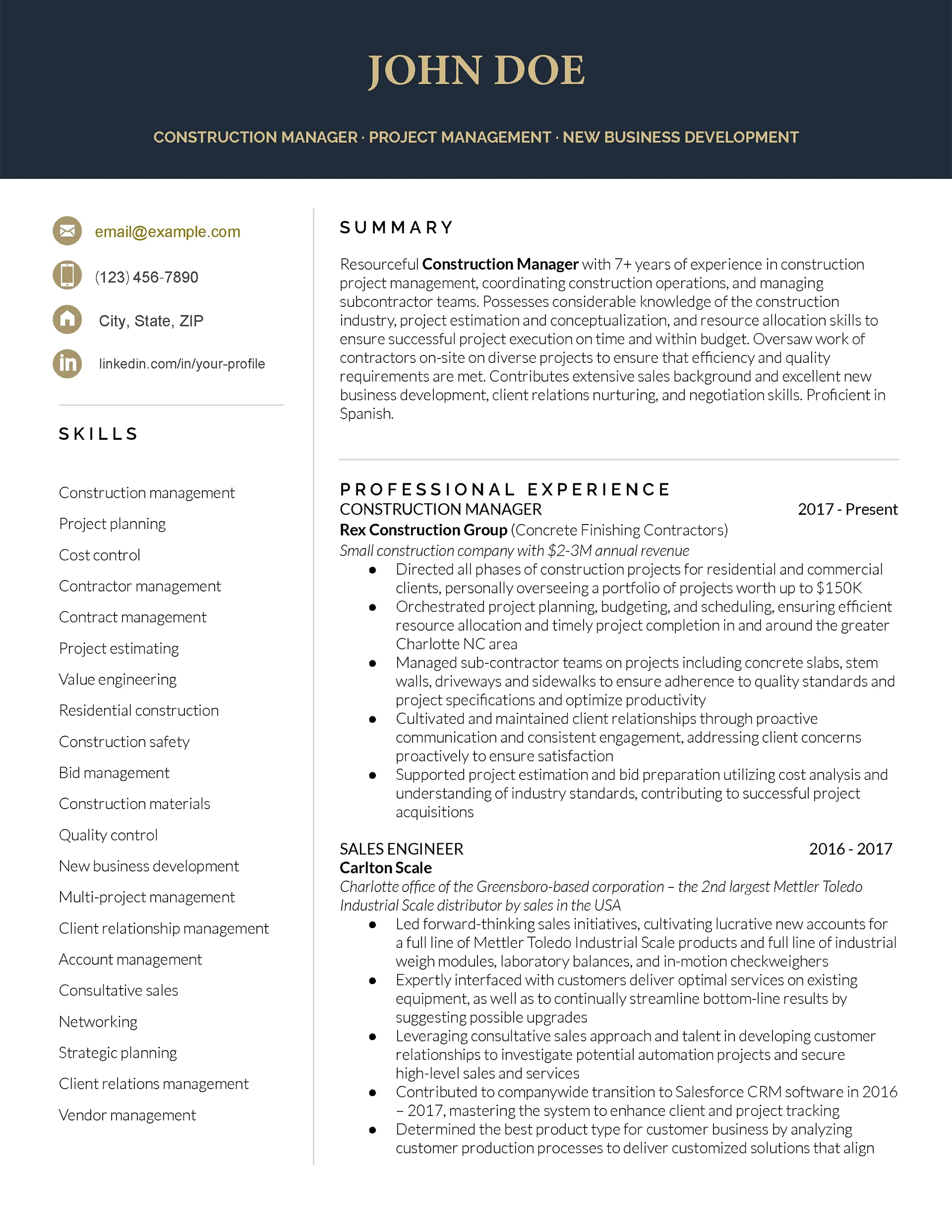 Construction Manager CV Example