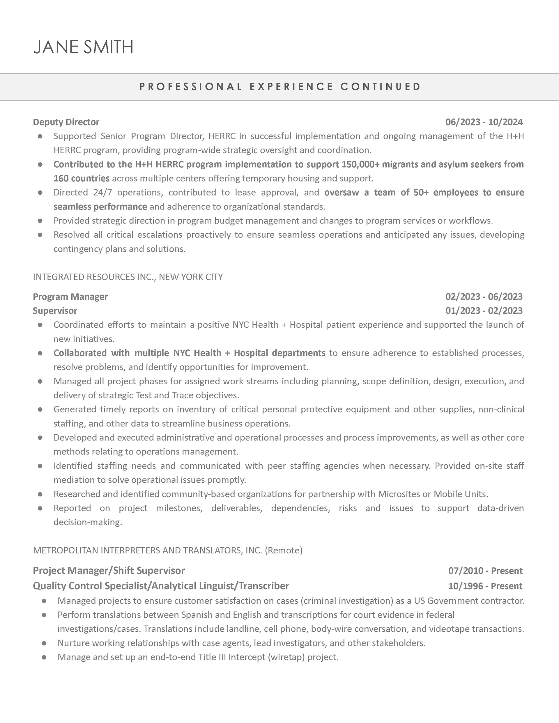 Deputy Director CV Example