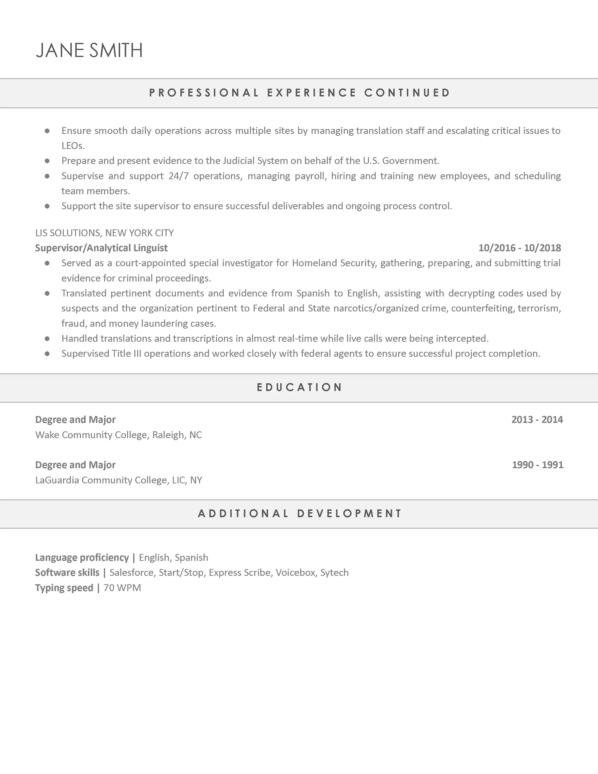 Deputy Director CV Example