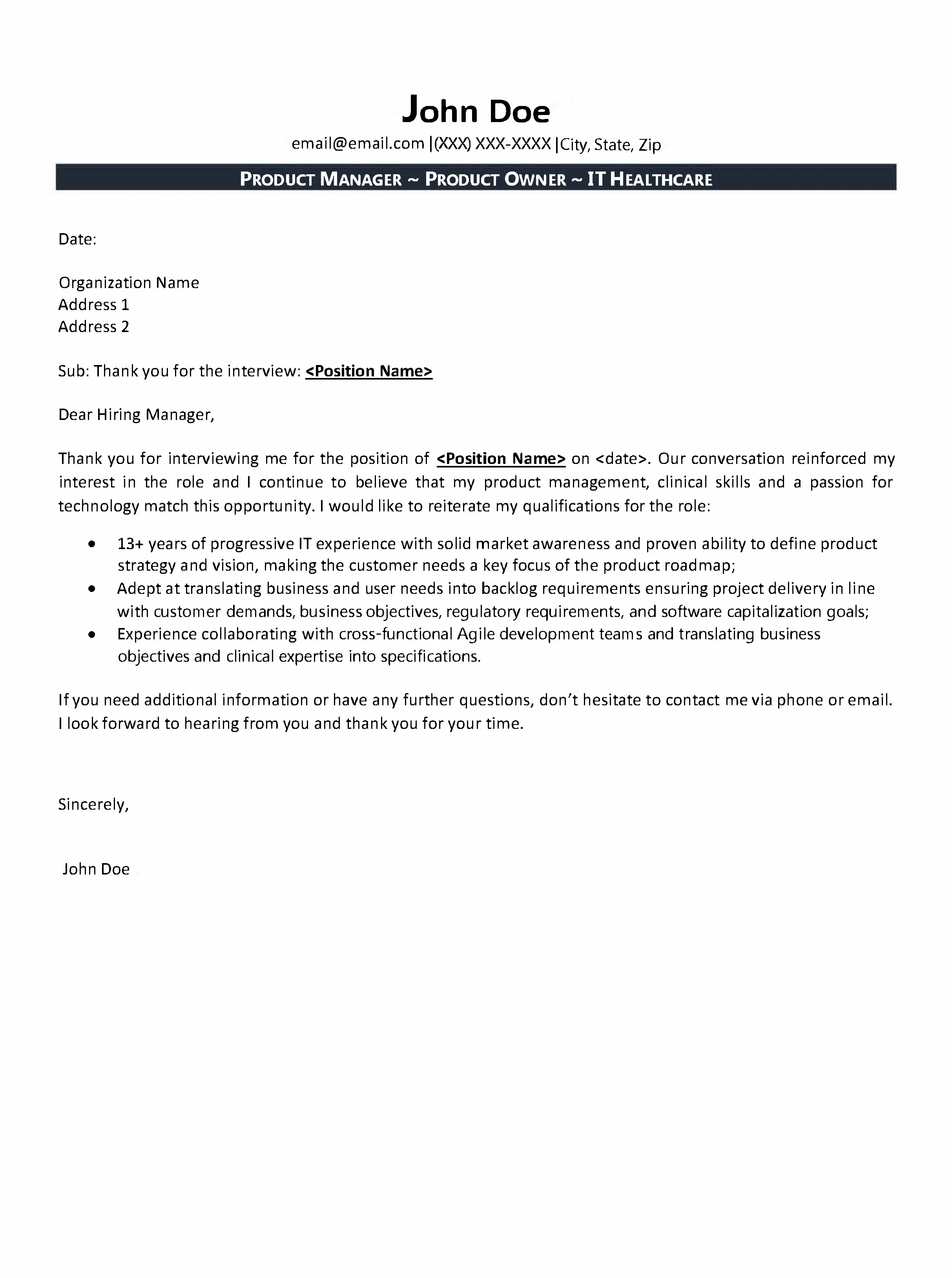 Product Manager Thank You Letter