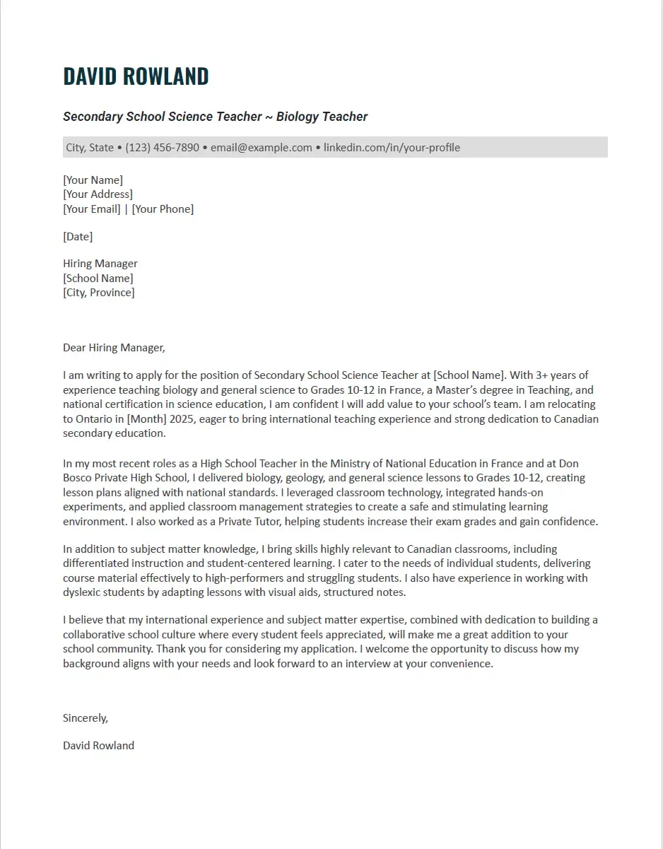 Secondary School Science Teacher Cover Letter Example