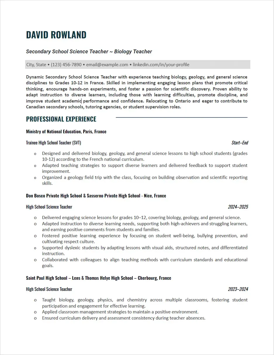 Secondary School Science Teacher CV Example