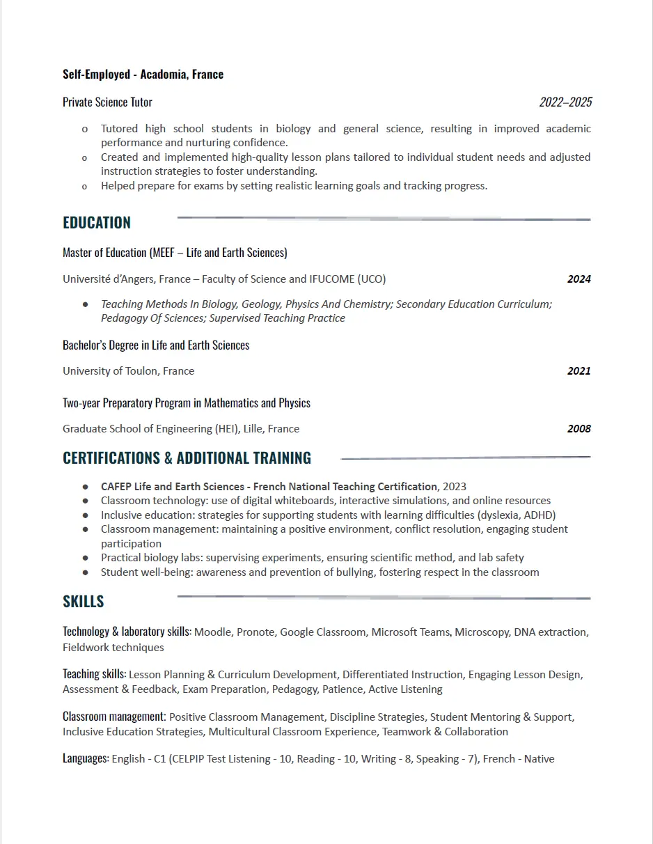 Secondary School Science Teacher CV Example