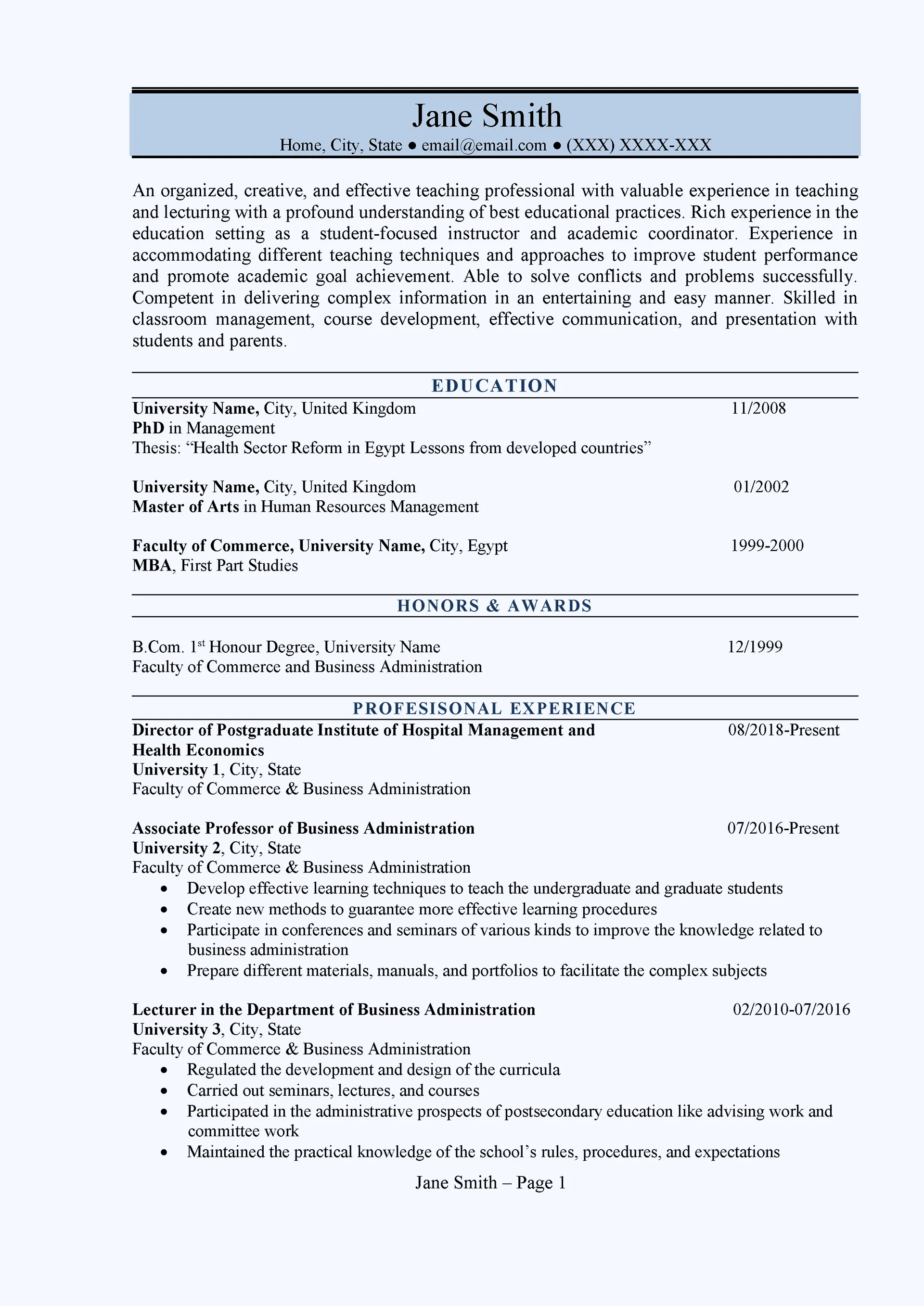 Teacher Lecturer CV Example
