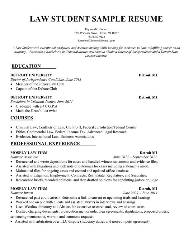 resume sample for law student