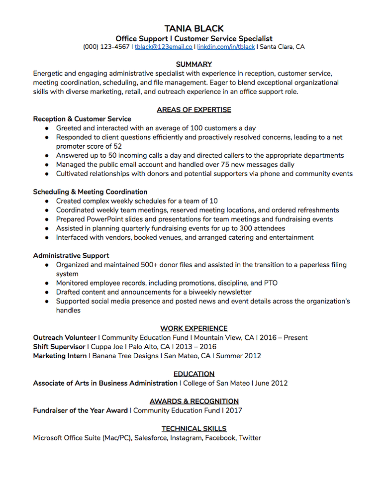 resume template for customer support